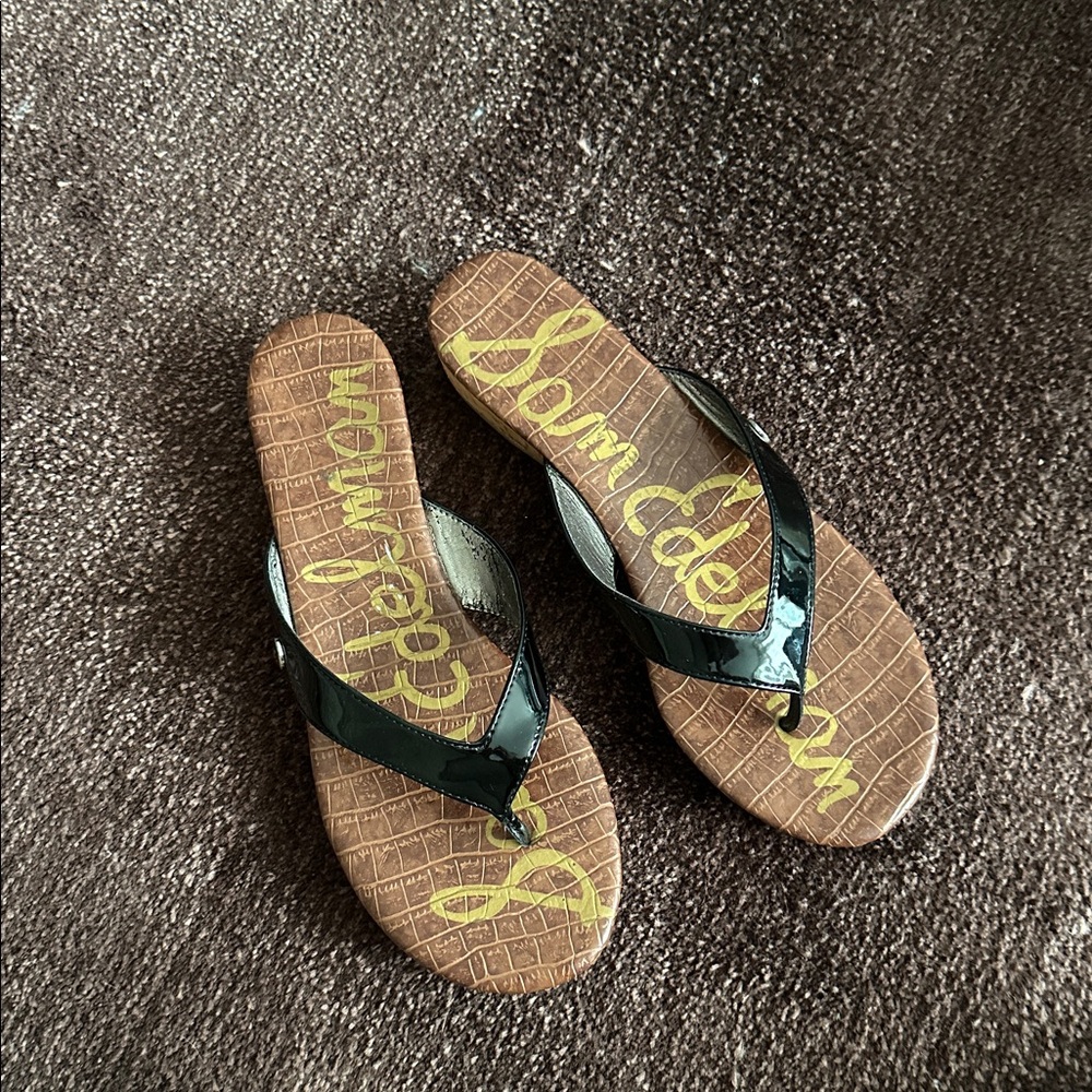 Sam Edelman Tanya Black Patent Leather & Cork Flip Flop Sandal Slight Wedge, 8.5